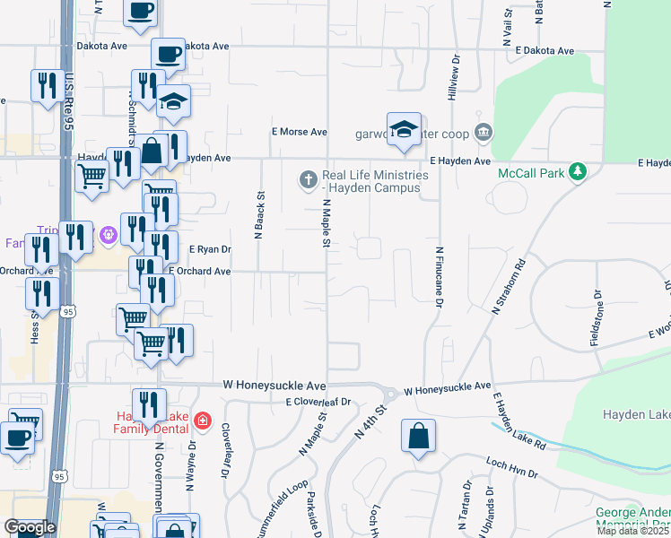 map of restaurants, bars, coffee shops, grocery stores, and more near 9230 North Maple Street in Hayden