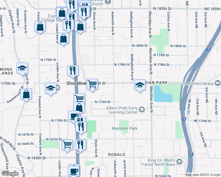 map of restaurants, bars, coffee shops, grocery stores, and more near 17416 Ashworth Avenue North in Shoreline
