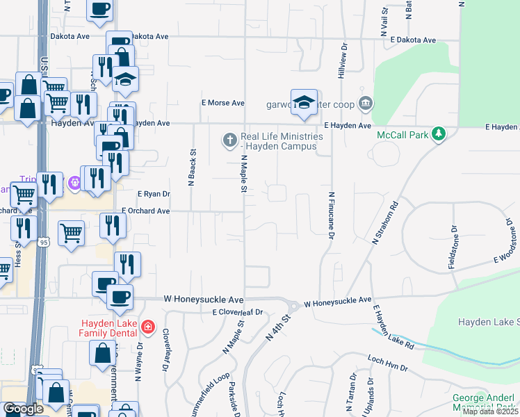 map of restaurants, bars, coffee shops, grocery stores, and more near 9230 North Maple Street in Hayden