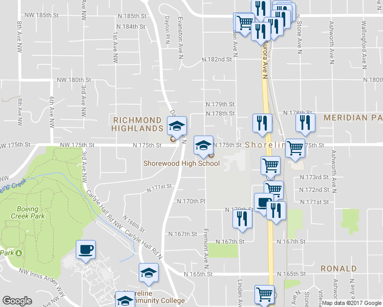 map of restaurants, bars, coffee shops, grocery stores, and more near 17319 Evanston Avenue North in Shoreline