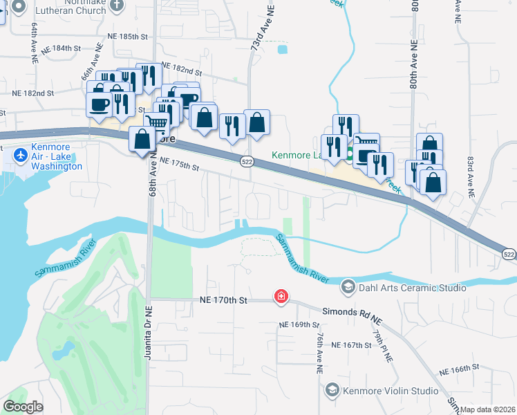 map of restaurants, bars, coffee shops, grocery stores, and more near 7301 Northeast 175th Street in Kenmore