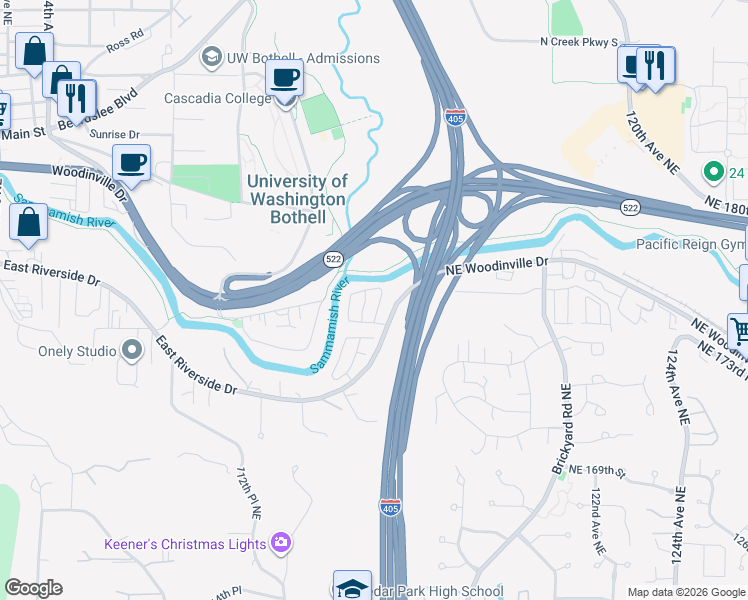 map of restaurants, bars, coffee shops, grocery stores, and more near 11511 Northeast Woodinville Drive in Bothell