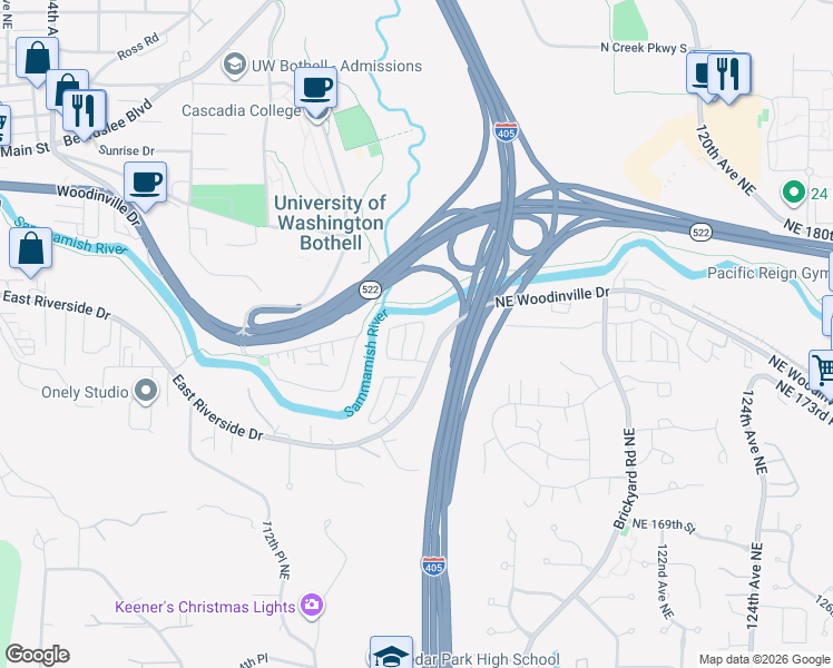 map of restaurants, bars, coffee shops, grocery stores, and more near 11511 Northeast Woodinville Drive in Bothell