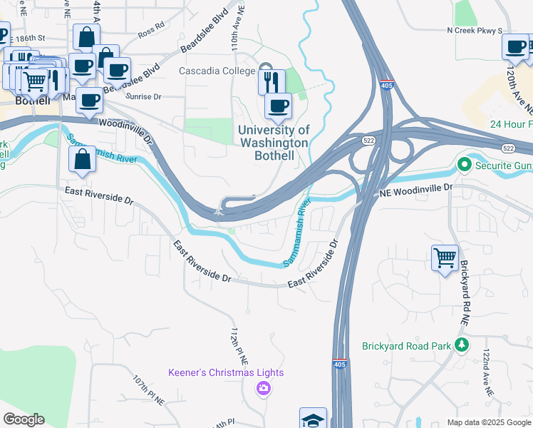 map of restaurants, bars, coffee shops, grocery stores, and more near in Bothell