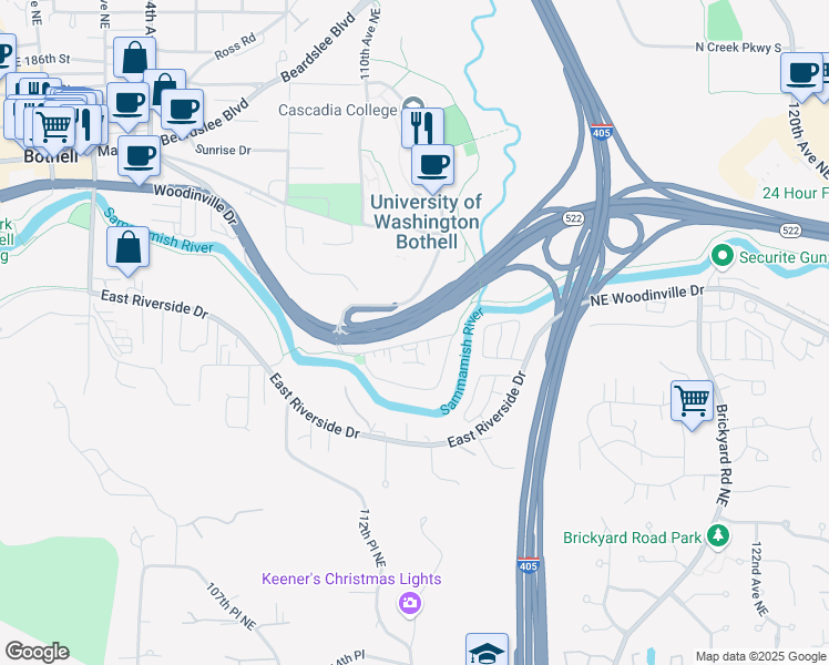 map of restaurants, bars, coffee shops, grocery stores, and more near 10659 Washington 522 in Bothell