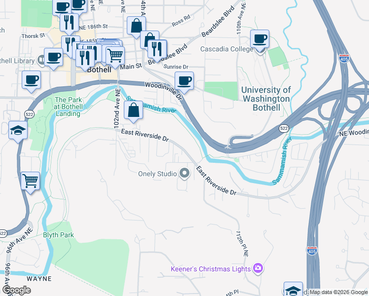map of restaurants, bars, coffee shops, grocery stores, and more near 10634 East Riverside Drive in Bothell