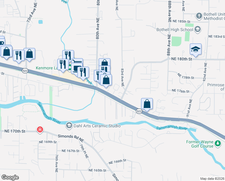 map of restaurants, bars, coffee shops, grocery stores, and more near 17624 80th Court Northeast in Kenmore