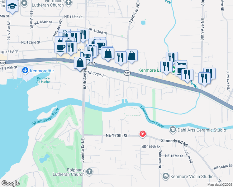 map of restaurants, bars, coffee shops, grocery stores, and more near 7031 Northeast 175th Street in Kenmore