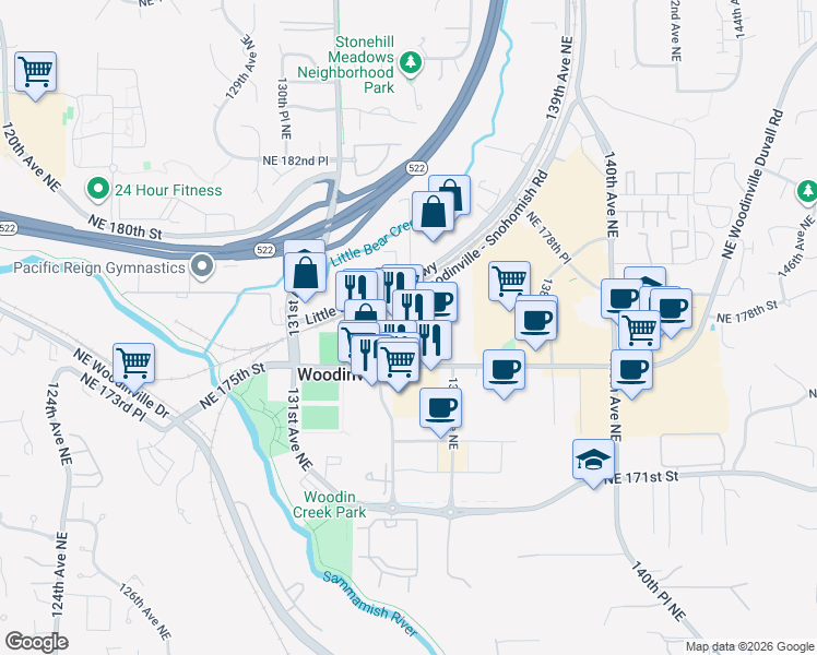 map of restaurants, bars, coffee shops, grocery stores, and more near Northeast 175th Place in Woodinville