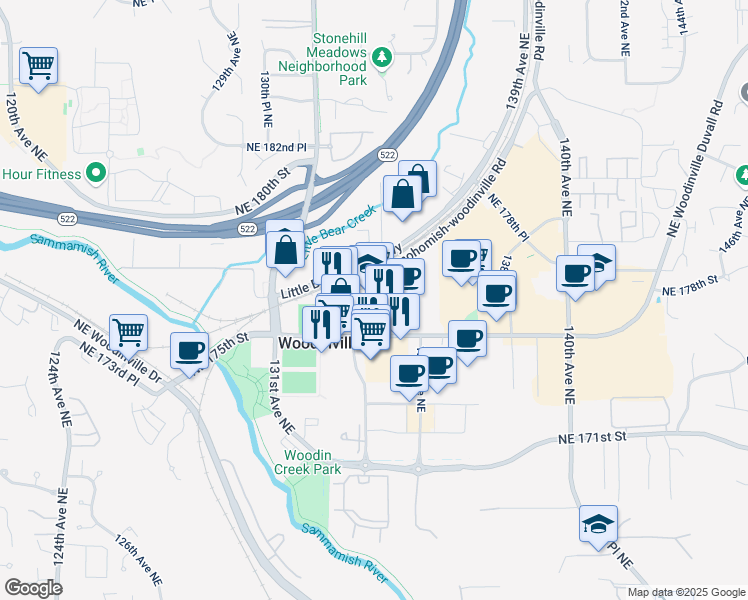map of restaurants, bars, coffee shops, grocery stores, and more near 13320 Northeast 175th Street in Woodinville