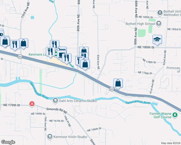 map of restaurants, bars, coffee shops, grocery stores, and more near 17624 80th Court Northeast in Kenmore