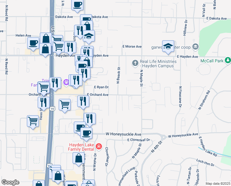 map of restaurants, bars, coffee shops, grocery stores, and more near 319 E Orchard Ave in Hayden