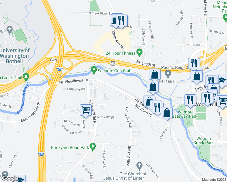 map of restaurants, bars, coffee shops, grocery stores, and more near 12225 Northeast Woodinville Drive in Woodinville