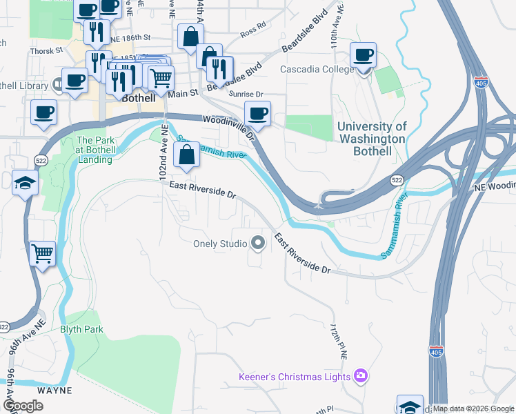 map of restaurants, bars, coffee shops, grocery stores, and more near 10634 East Riverside Drive in Bothell