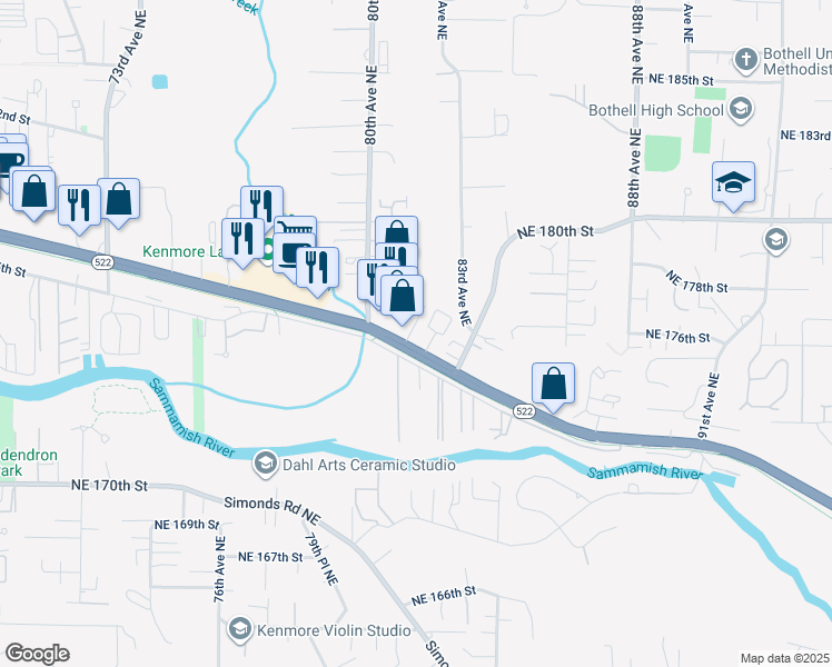 map of restaurants, bars, coffee shops, grocery stores, and more near 17624 80th Court Northeast in Kenmore