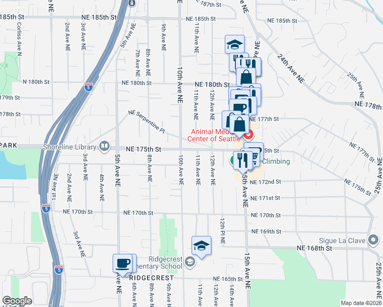 map of restaurants, bars, coffee shops, grocery stores, and more near 1021 Northeast 175th Street in Shoreline