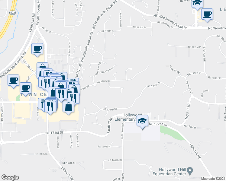 map of restaurants, bars, coffee shops, grocery stores, and more near 14713 Northeast 177th Street in Woodinville