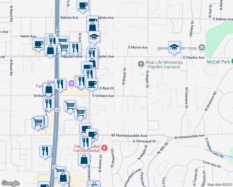 map of restaurants, bars, coffee shops, grocery stores, and more near 319 East Orchard Avenue in Hayden