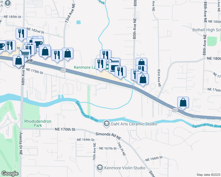 map of restaurants, bars, coffee shops, grocery stores, and more near 7801 Northeast 175th Street in Kenmore