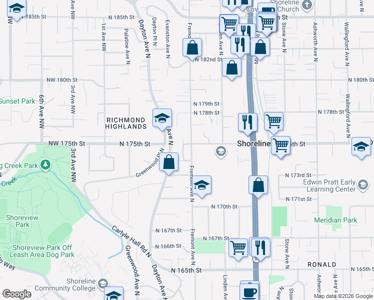 map of restaurants, bars, coffee shops, grocery stores, and more near 17317 Fremont Avenue North in Shoreline