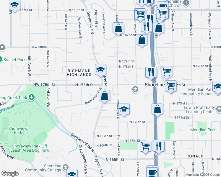 map of restaurants, bars, coffee shops, grocery stores, and more near 17319 Evanston Avenue North in Shoreline