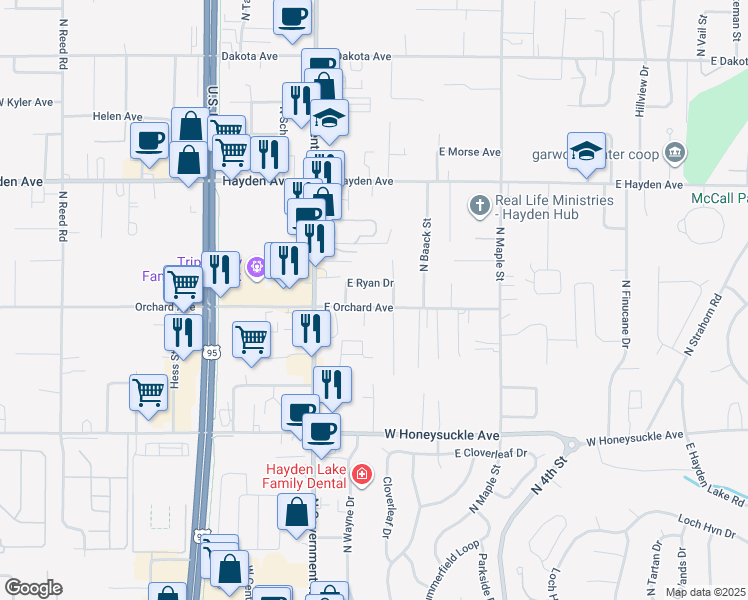 map of restaurants, bars, coffee shops, grocery stores, and more near 201 East Orchard Avenue in Hayden