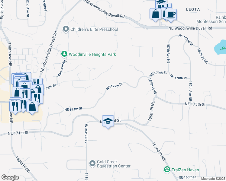 map of restaurants, bars, coffee shops, grocery stores, and more near 15115 Northeast 177th Drive in Woodinville