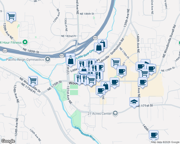 map of restaurants, bars, coffee shops, grocery stores, and more near Northeast 175th Court in Woodinville