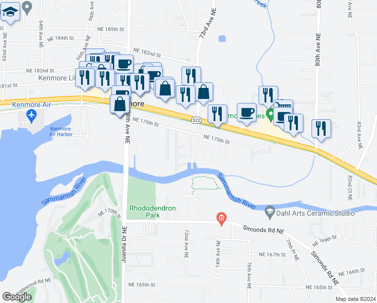 map of restaurants, bars, coffee shops, grocery stores, and more near 7217 Northeast 175th Street in Kenmore