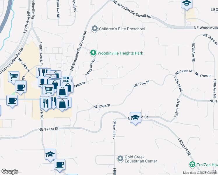 map of restaurants, bars, coffee shops, grocery stores, and more near 14713 Northeast 177th Street in Woodinville