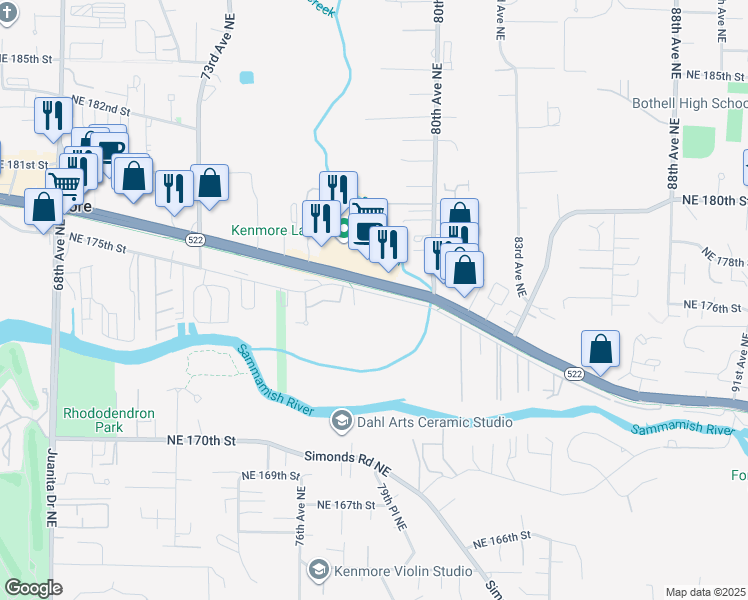 map of restaurants, bars, coffee shops, grocery stores, and more near 7801 Northeast 175th Street in Kenmore