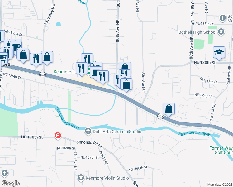 map of restaurants, bars, coffee shops, grocery stores, and more near Bothell Way Northeast & 80th Avenue Northeast in Kenmore