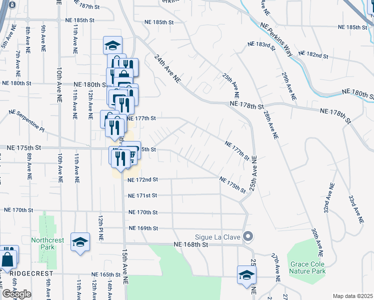 map of restaurants, bars, coffee shops, grocery stores, and more near 1822 Northeast 175th Street in Shoreline