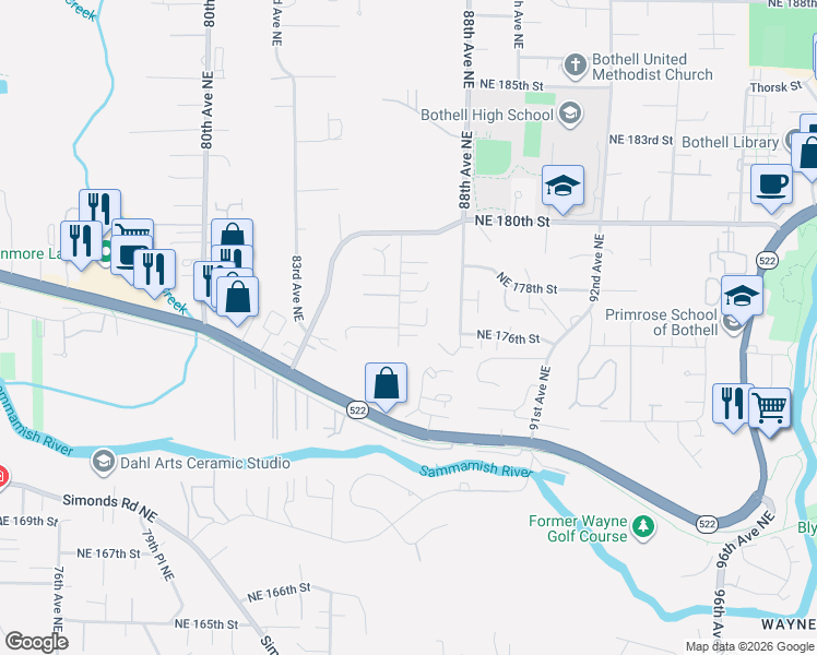 map of restaurants, bars, coffee shops, grocery stores, and more near 8547 Northeast 176th Street in Bothell