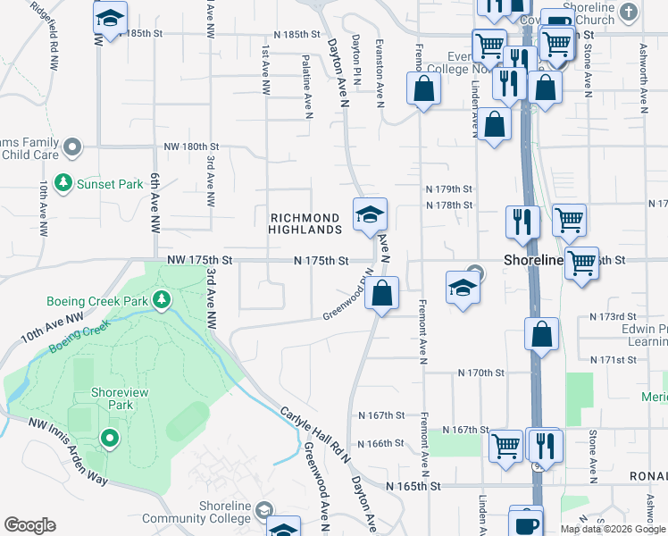 map of restaurants, bars, coffee shops, grocery stores, and more near 323 North 175th Street in Shoreline