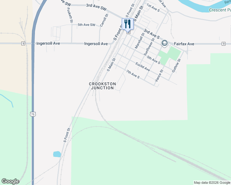 map of restaurants, bars, coffee shops, grocery stores, and more near 202 7th Avenue South in Crookston