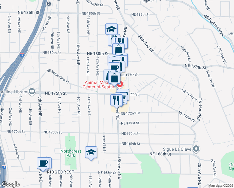 map of restaurants, bars, coffee shops, grocery stores, and more near in Shoreline