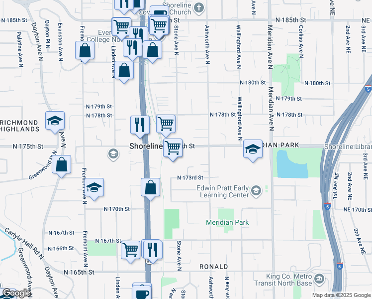 map of restaurants, bars, coffee shops, grocery stores, and more near 1311 North 175th Street in Shoreline