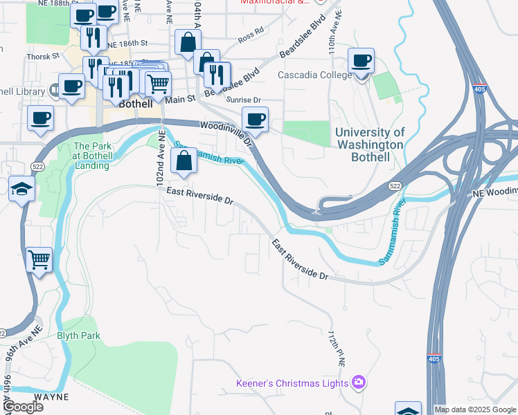 map of restaurants, bars, coffee shops, grocery stores, and more near 10634 East Riverside Drive in Bothell
