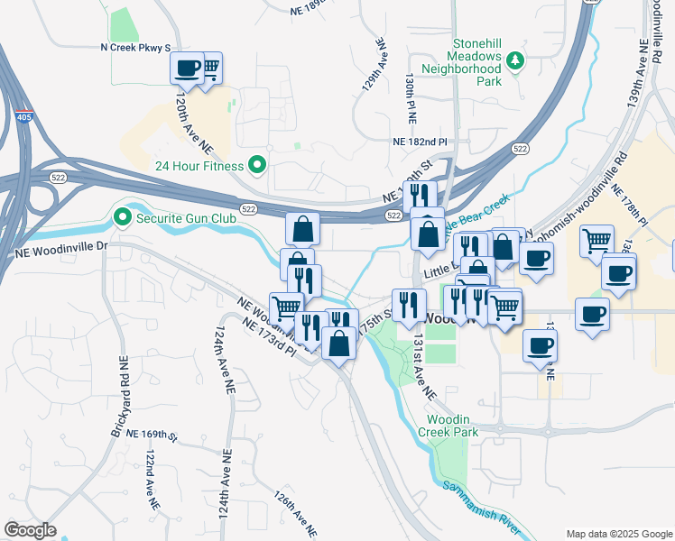 map of restaurants, bars, coffee shops, grocery stores, and more near 12815 Northeast 178th Street in Woodinville