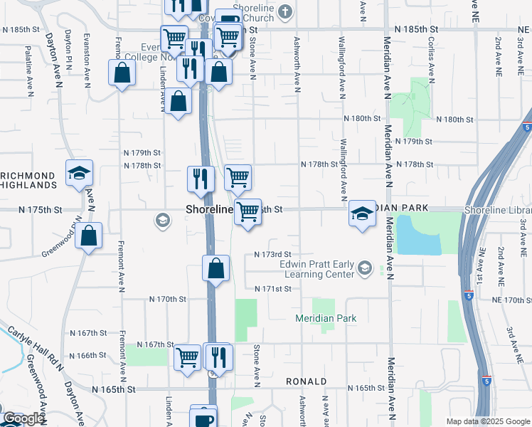 map of restaurants, bars, coffee shops, grocery stores, and more near 1201 North 175th Street in Shoreline