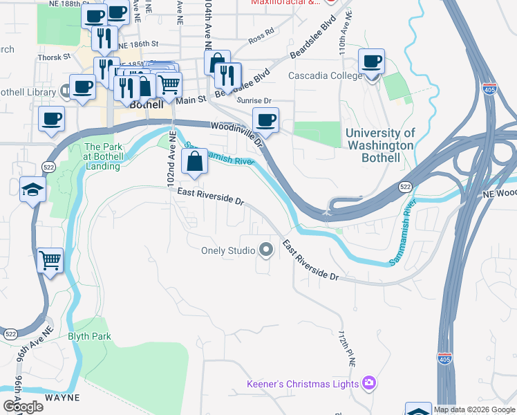 map of restaurants, bars, coffee shops, grocery stores, and more near 10615 East Riverside Drive in Bothell