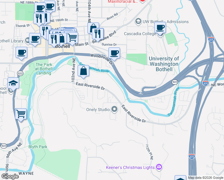 map of restaurants, bars, coffee shops, grocery stores, and more near 10615 East Riverside Drive in Bothell