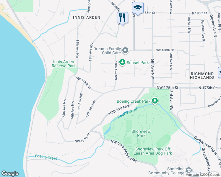 map of restaurants, bars, coffee shops, grocery stores, and more near 1015 Northwest 175th Street in Shoreline