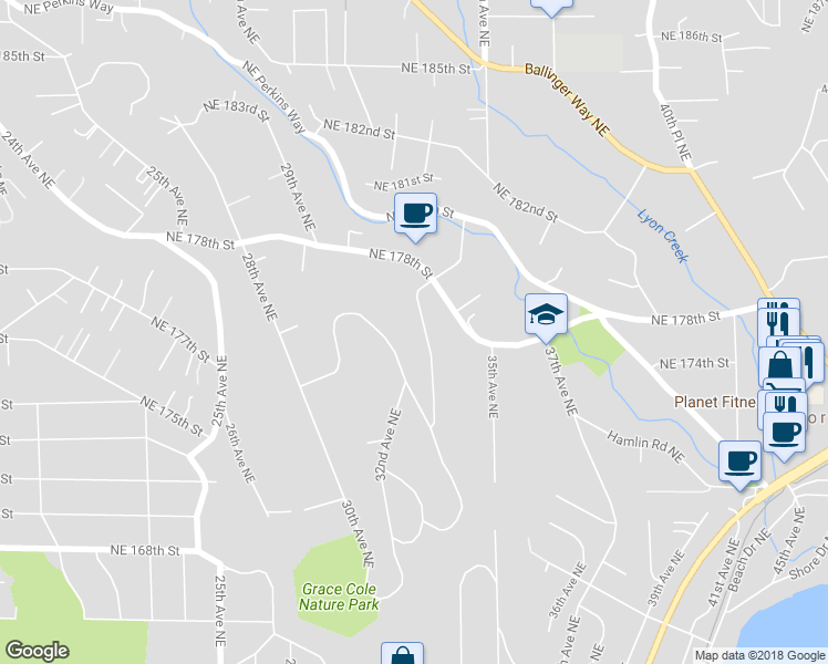 map of restaurants, bars, coffee shops, grocery stores, and more near 17519 33rd Avenue Northeast in Lake Forest Park