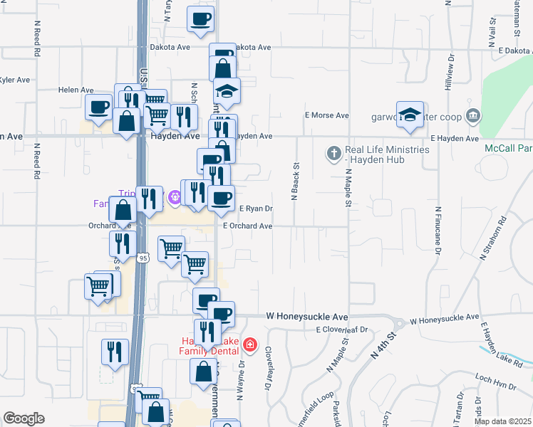 map of restaurants, bars, coffee shops, grocery stores, and more near 201 East Orchard Avenue in Hayden