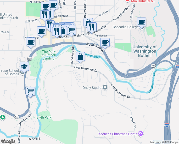 map of restaurants, bars, coffee shops, grocery stores, and more near 17520 Eason Avenue in Bothell