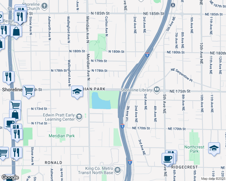 map of restaurants, bars, coffee shops, grocery stores, and more near 2301 North 175th Street in Shoreline