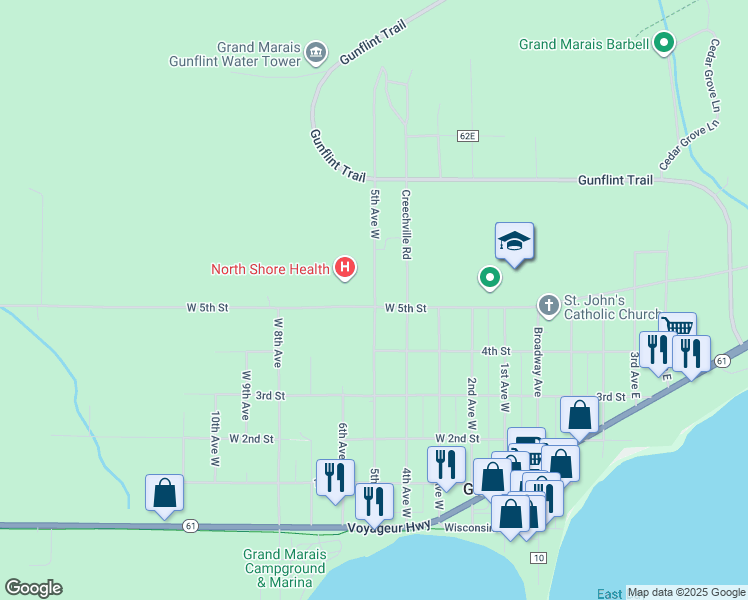 map of restaurants, bars, coffee shops, grocery stores, and more near 419 5th Avenue West in Grand Marais