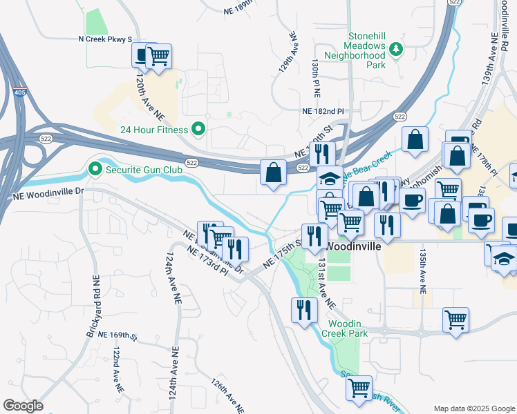 map of restaurants, bars, coffee shops, grocery stores, and more near 12815 NE 178th St in Woodinville